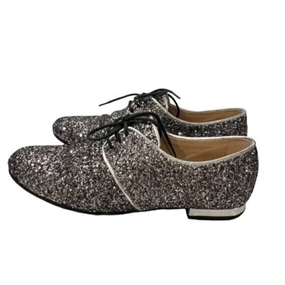 EMPORIO ARMANI ITALY Silver Black Glitter Leather Lace Loafer Shoes 5.5 (36) EUC